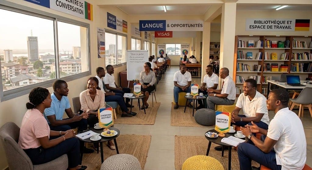 Espace conversation et bibliotheque de Diaspora Institut ou les etudiants echangent en groupe